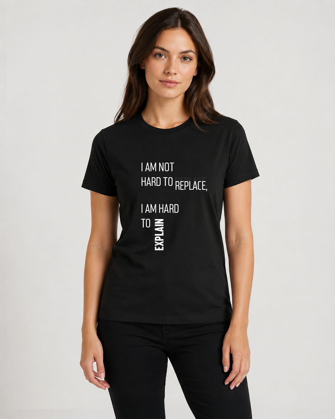 Black women's t-shirt with quote "I am not hard to replace…" – Underperform, size XS