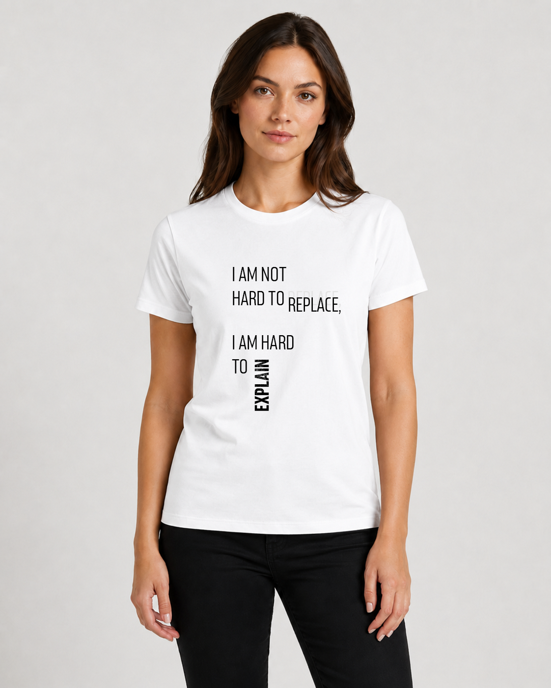 White women's t-shirt with quote "I am not hard to replace…" – Underperform, size XS