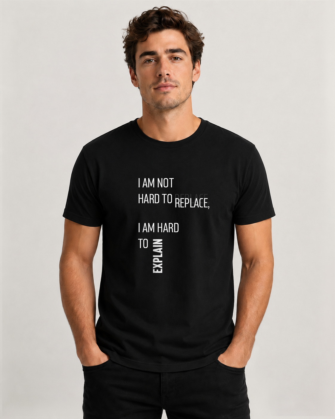 Black men's t-shirt with quote "I am not hard to replace…" – Underperform, size XS