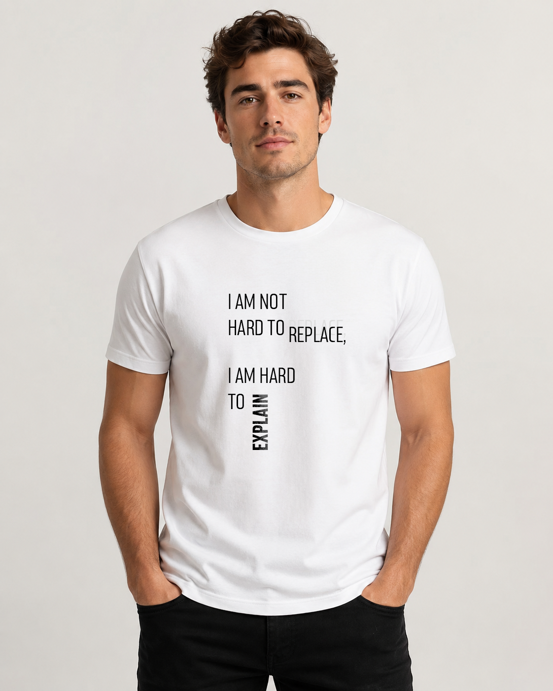 White men's t-shirt with quote "I am not hard to replace…" – Underperform, size XS