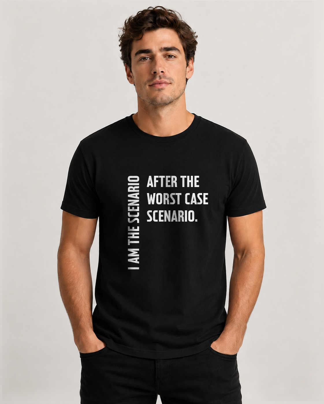 Black men's t-shirt with quote "I am the scenario after the…" – Underperform, size XS