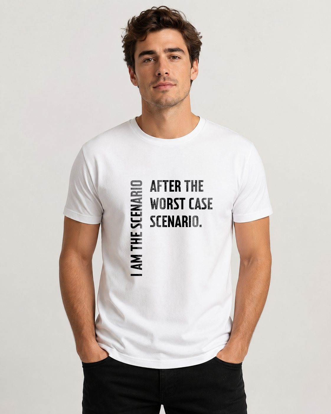 White men's t-shirt with quote "I am the scenario after the…" – Underperform, size XS
