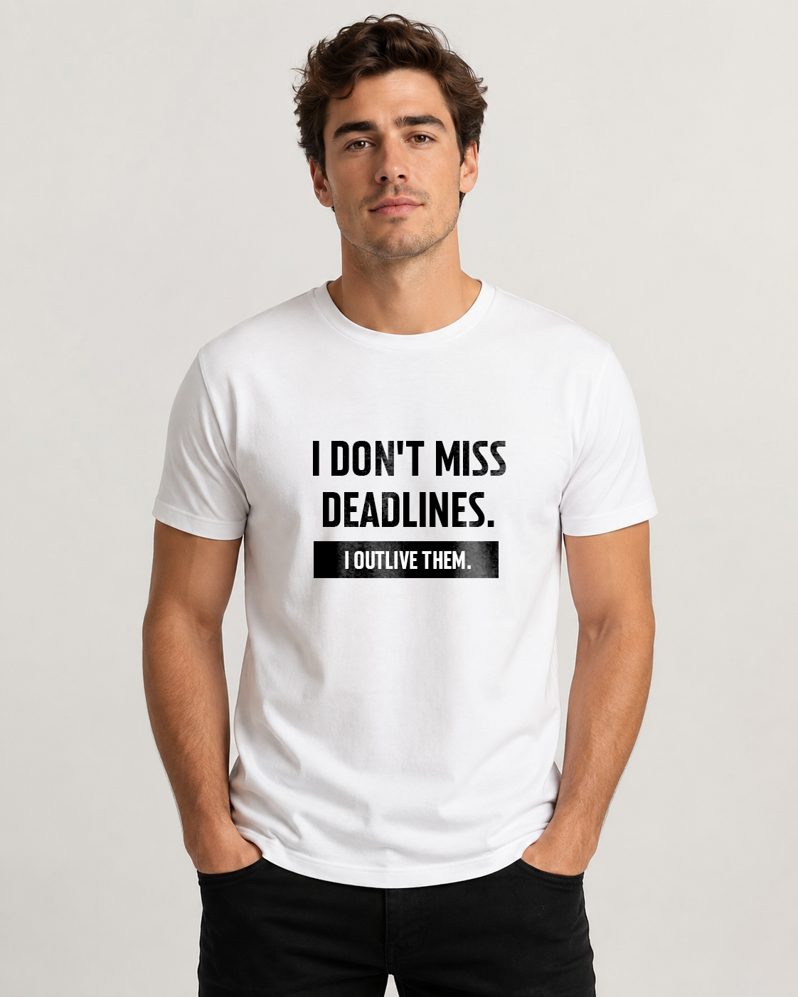 White men's t-shirt with quote "I don't miss deadlines. I outlive…" – Underperform, size XS