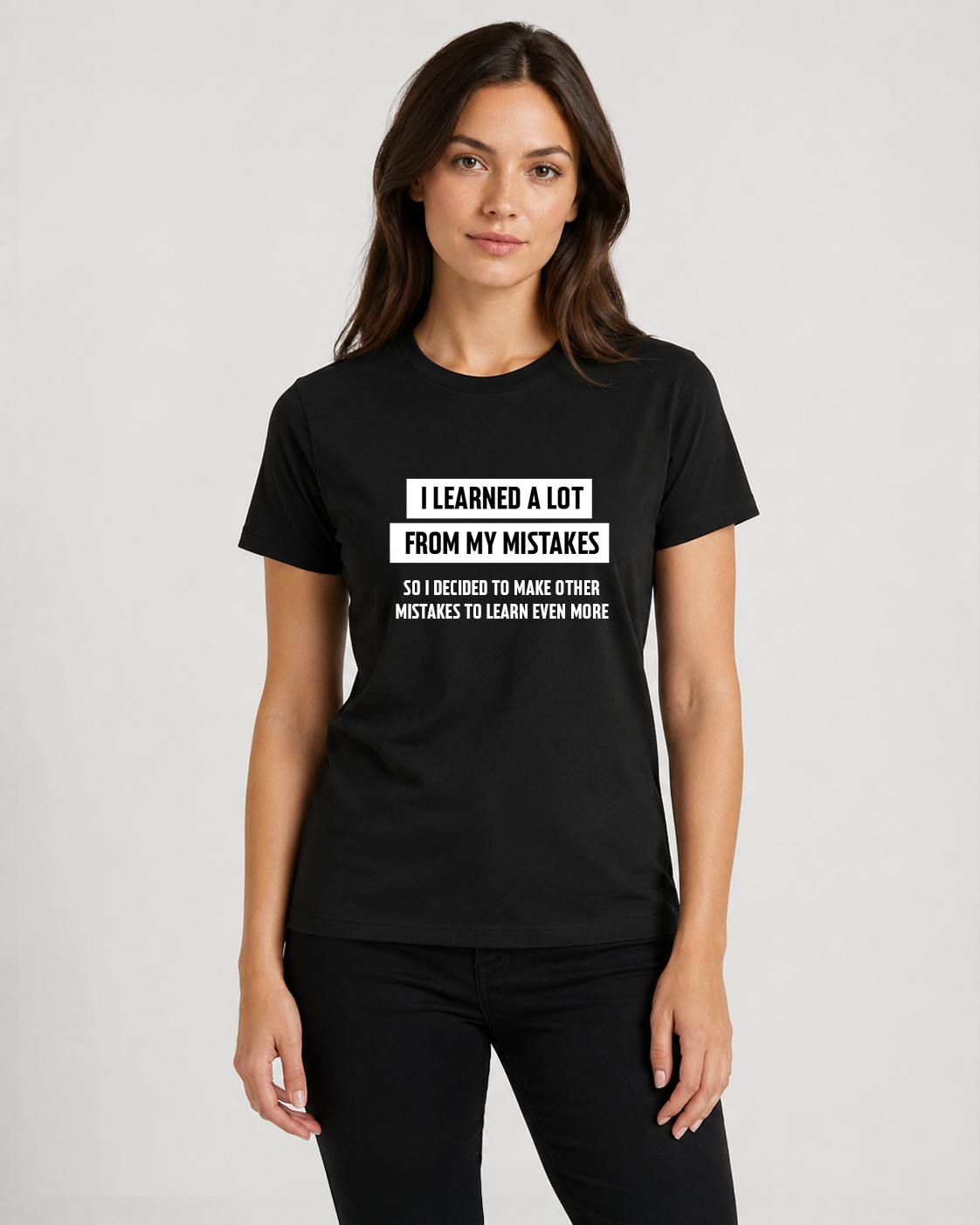 Black women's t-shirt with quote "I learned a lot from my…" – Underperform, size XS