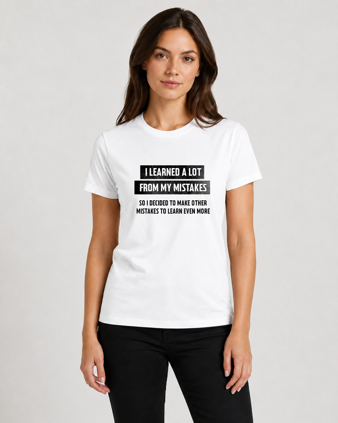 White women's t-shirt with quote "I learned a lot from my…" – Underperform, size XS