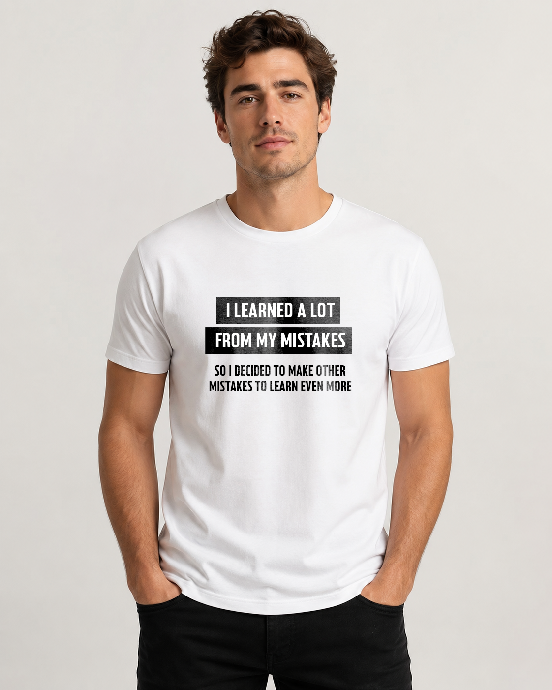 White men's t-shirt with quote "I learned a lot from my…" – Underperform, size XS