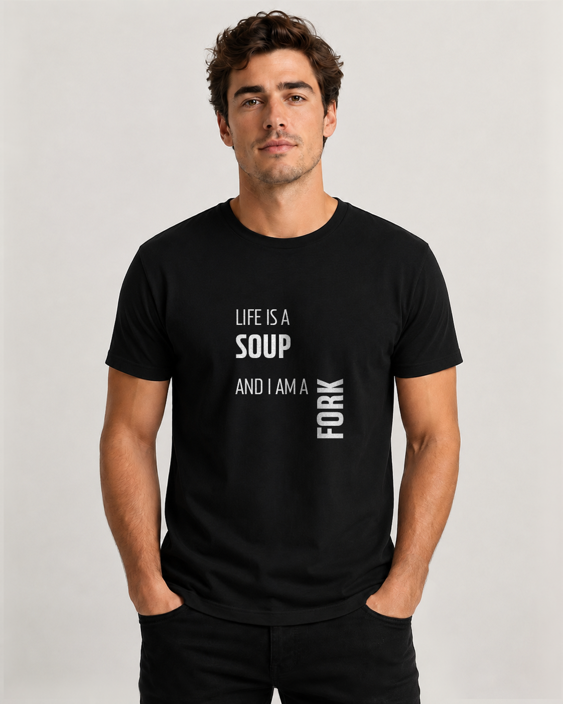 Black men's t-shirt with quote "Life is a soup and I…" – Underperform, size XS