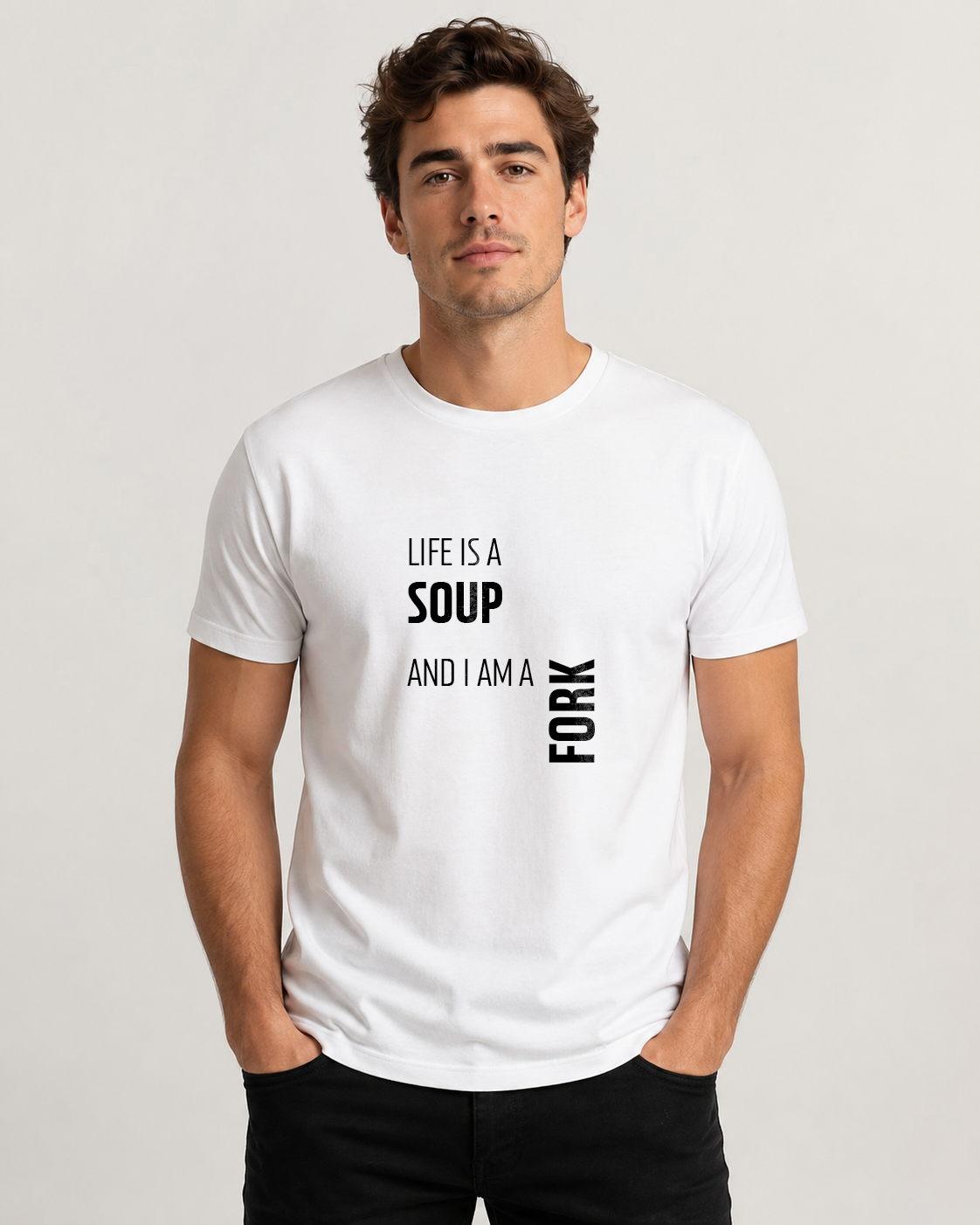 White men's t-shirt with quote "Life is a soup and I…" – Underperform, size XS