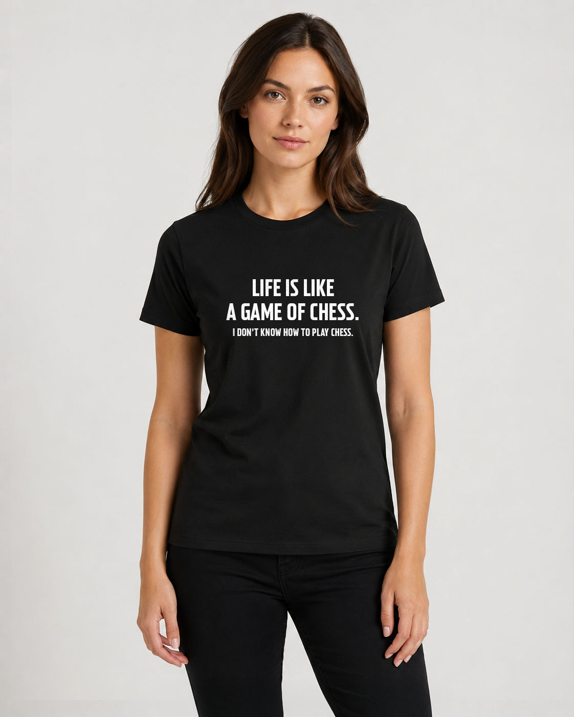 Black women's t-shirt with quote "Life is like a game of…" – Underperform, size XS
