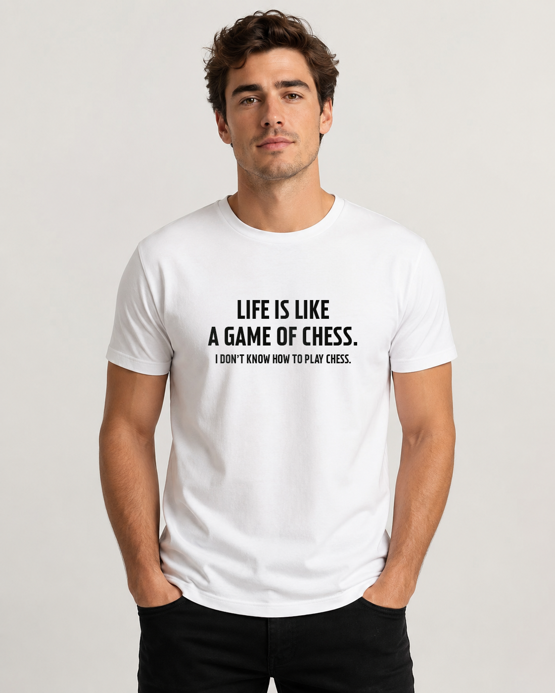 White men's t-shirt with quote "Life is like a game of…" – Underperform, size XS