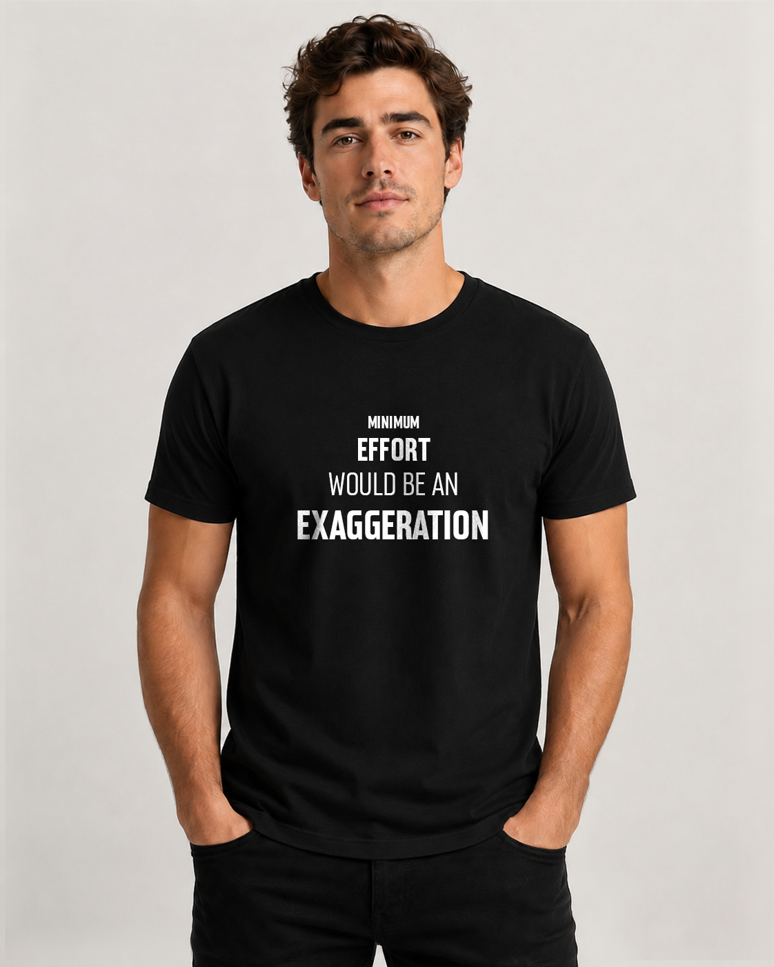 Black men's t-shirt with quote "Minimum effort would be an exaggeration…" – Underperform, size XS