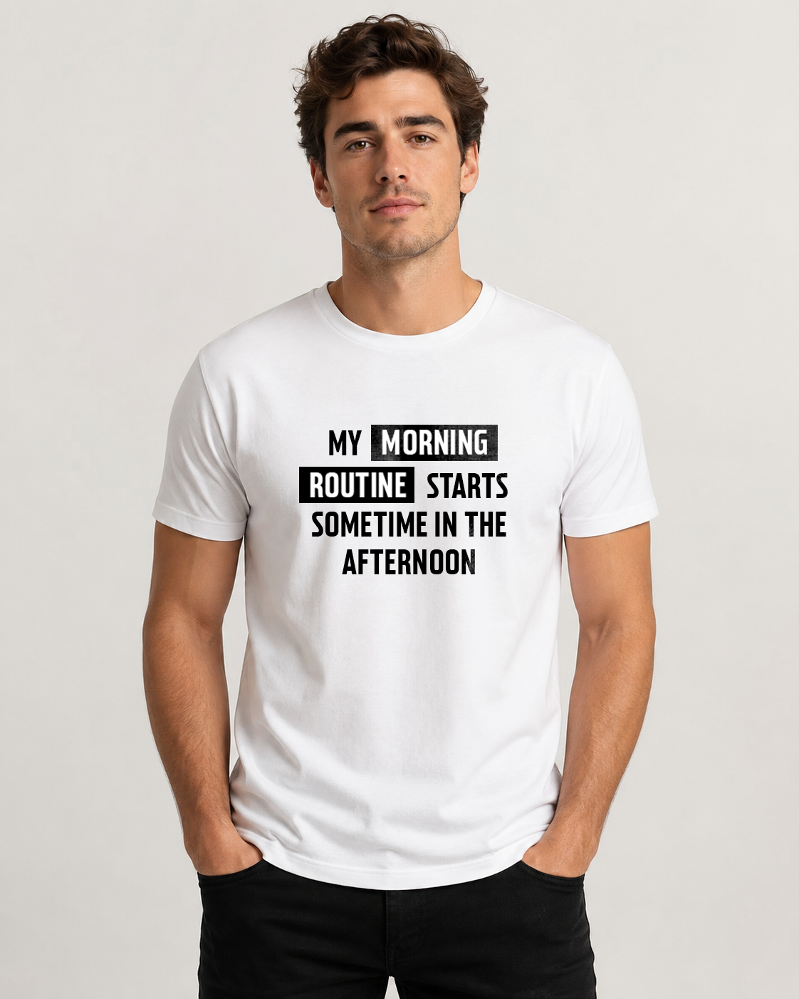 White men's t-shirt with quote "My morning routine starts sometime in…" – Underperform, size XS
