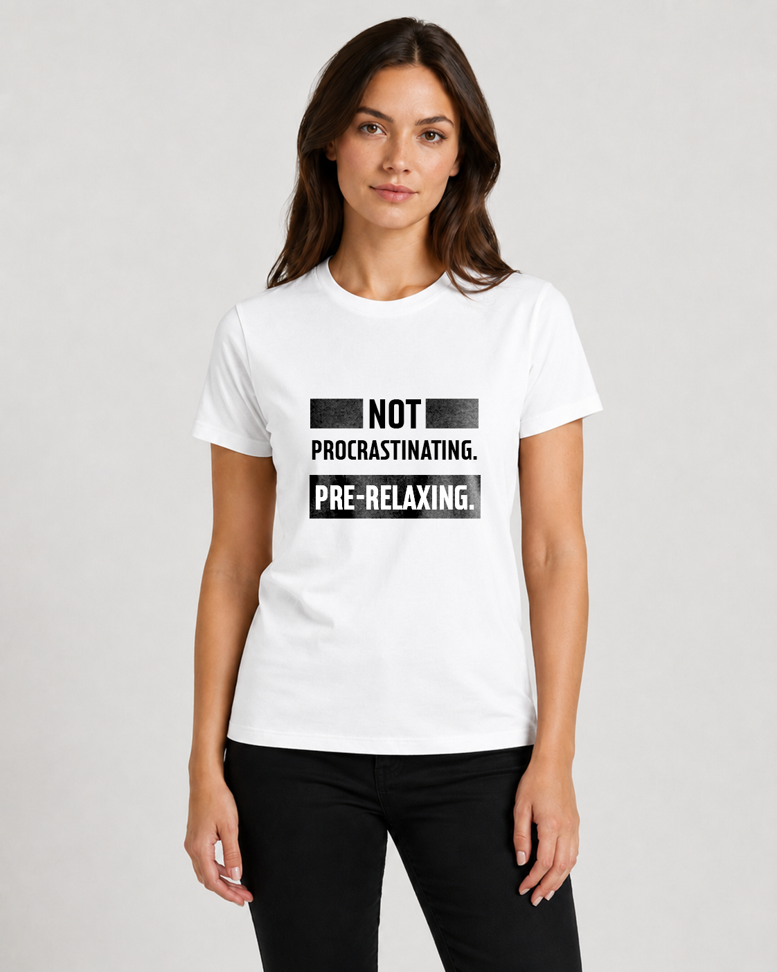 White women's t-shirt with quote "Not procrastinating. Pre-relaxing…" – Underperform, size XS