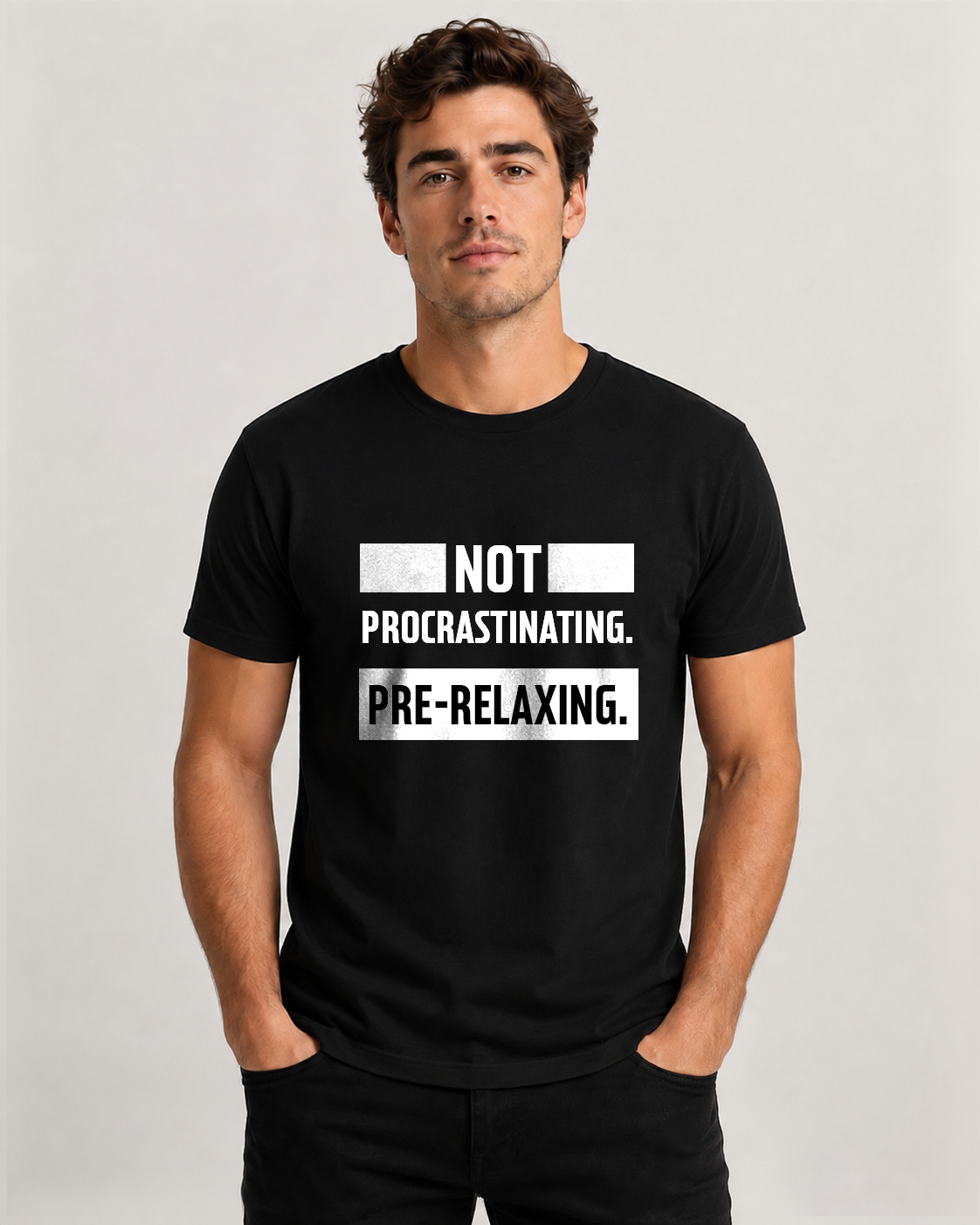 Black men's t-shirt with quote "Not procrastinating. Pre-relaxing…" – Underperform, size XS