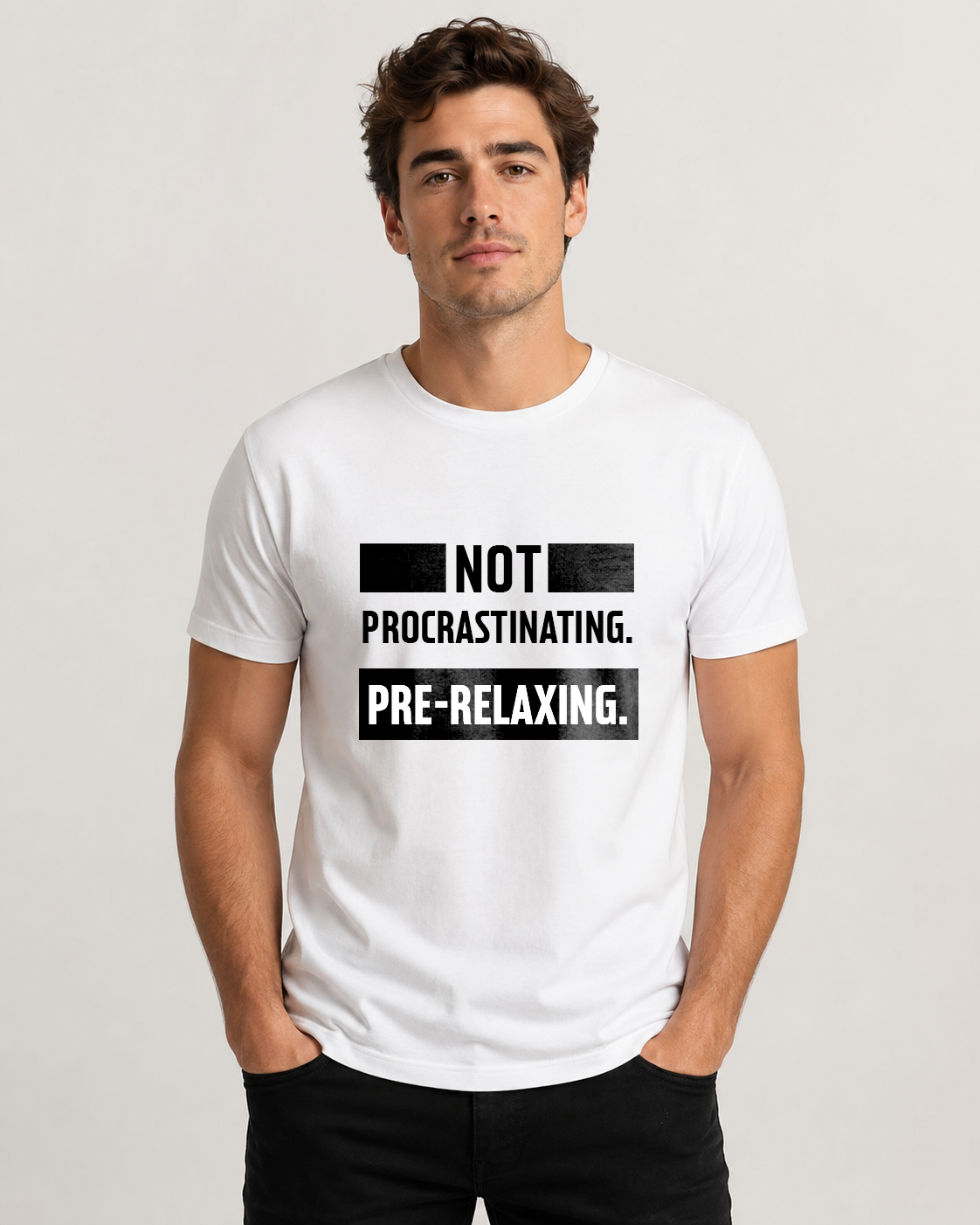 White men's t-shirt with quote "Not procrastinating. Pre-relaxing…" – Underperform, size XS
