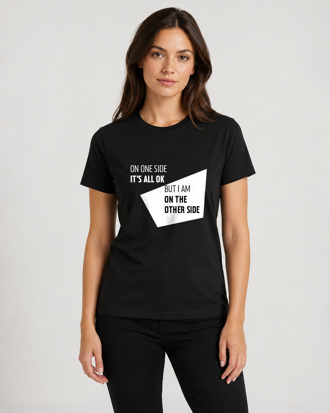Black women's t-shirt with quote "On one side it's all OK…" – Underperform, size XS
