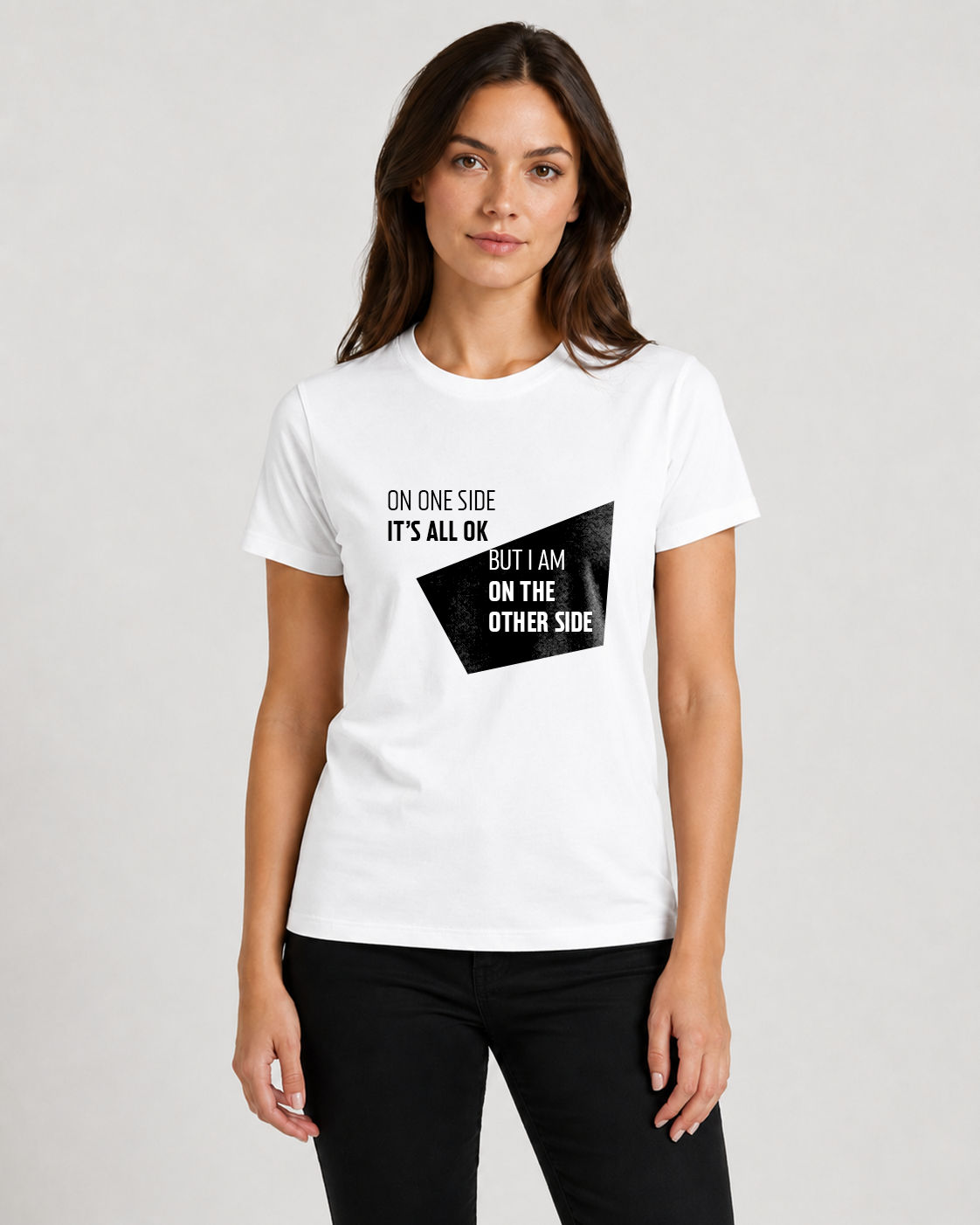 White women's t-shirt with quote "On one side it's all OK…" – Underperform, size XS