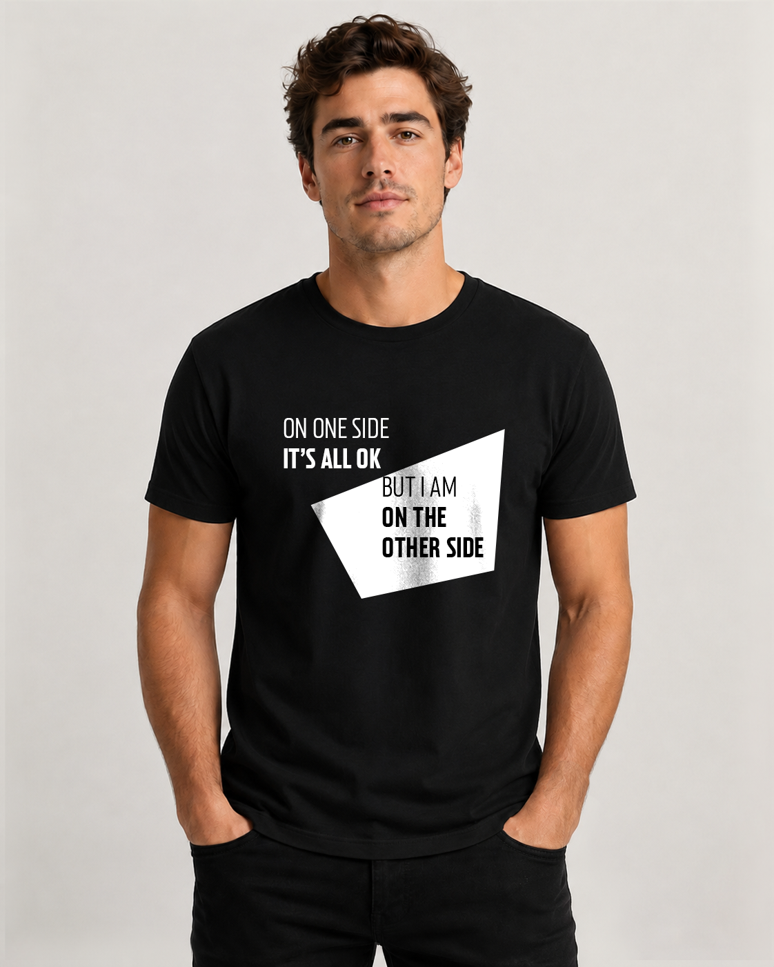Black men's t-shirt with quote "On one side it's all OK…" – Underperform, size XS