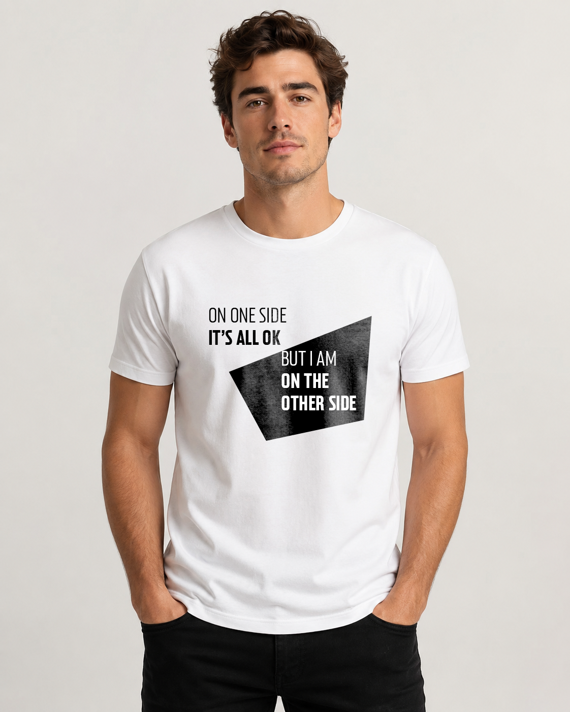 White men's t-shirt with quote "On one side it's all OK…" – Underperform, size XS