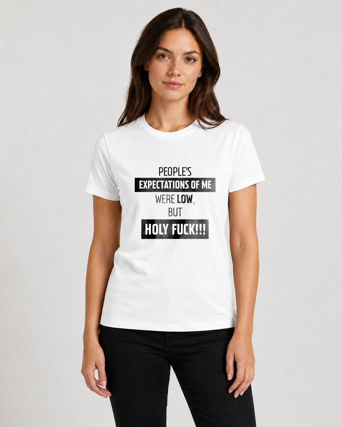 White women's t-shirt with quote "People's expectations of me were low…" – Underperform, size XS