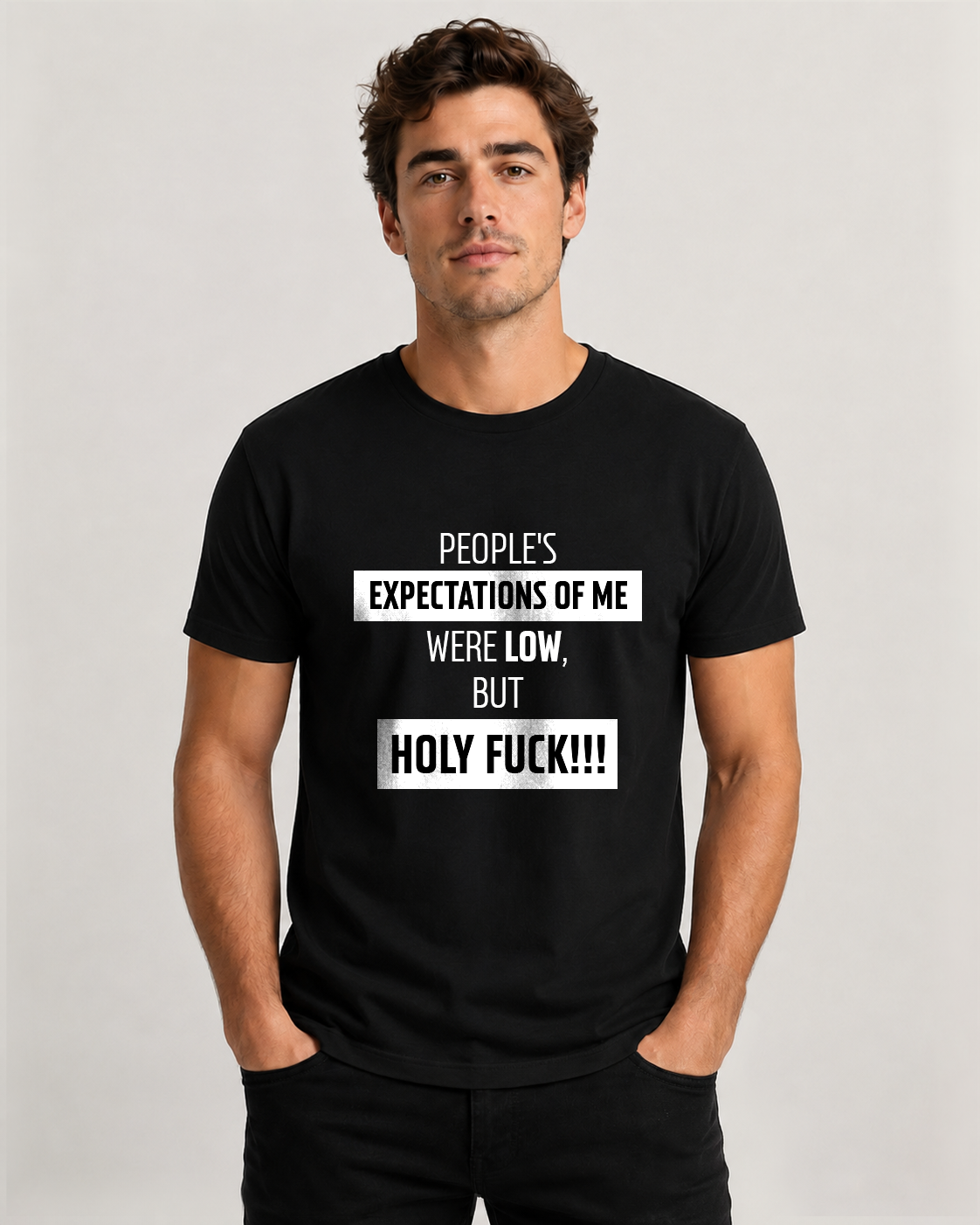 Black men's t-shirt with quote "People's expectations of me were low…" – Underperform, size XS