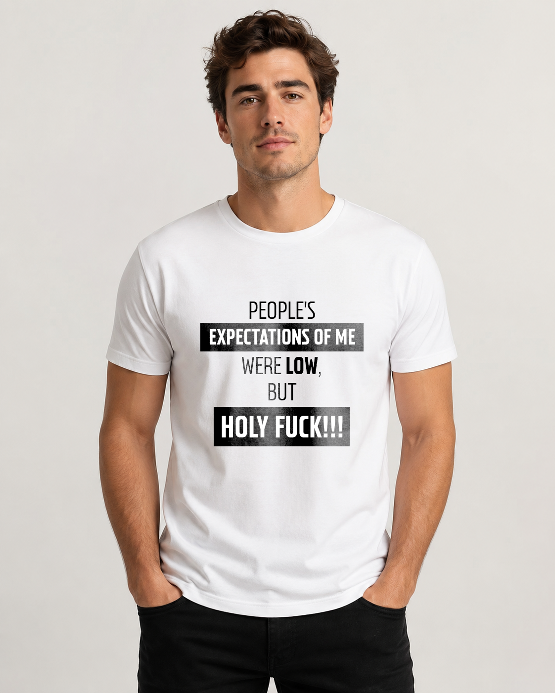White men's t-shirt with quote "People's expectations of me were low…" – Underperform, size XS