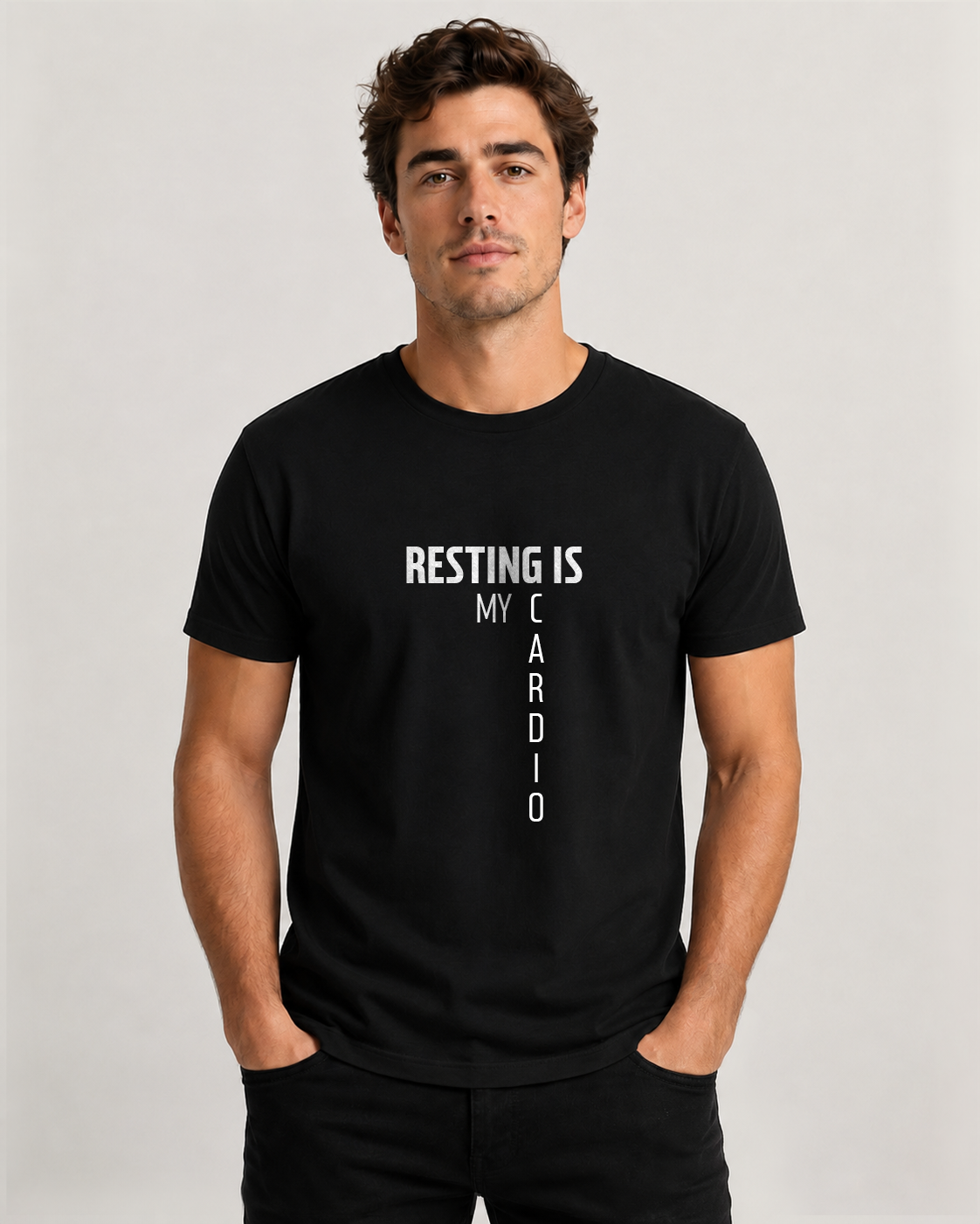 Black men's t-shirt with quote "Resting is my cardio…" – Underperform, size XS