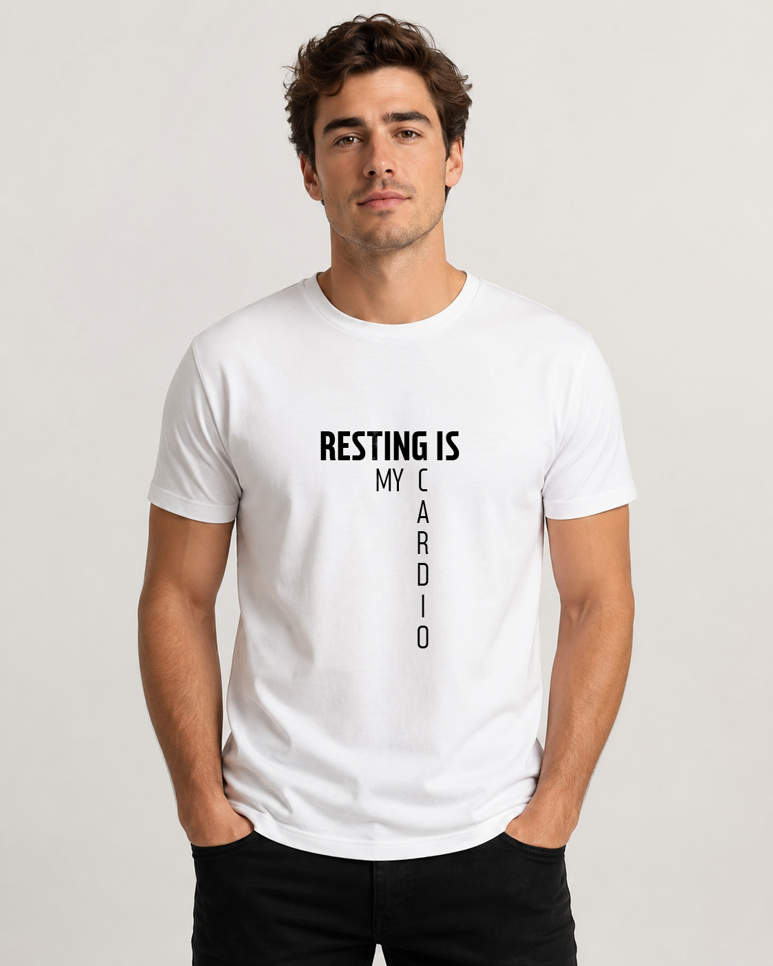 White men's t-shirt with quote "Resting is my cardio…" – Underperform, size XS