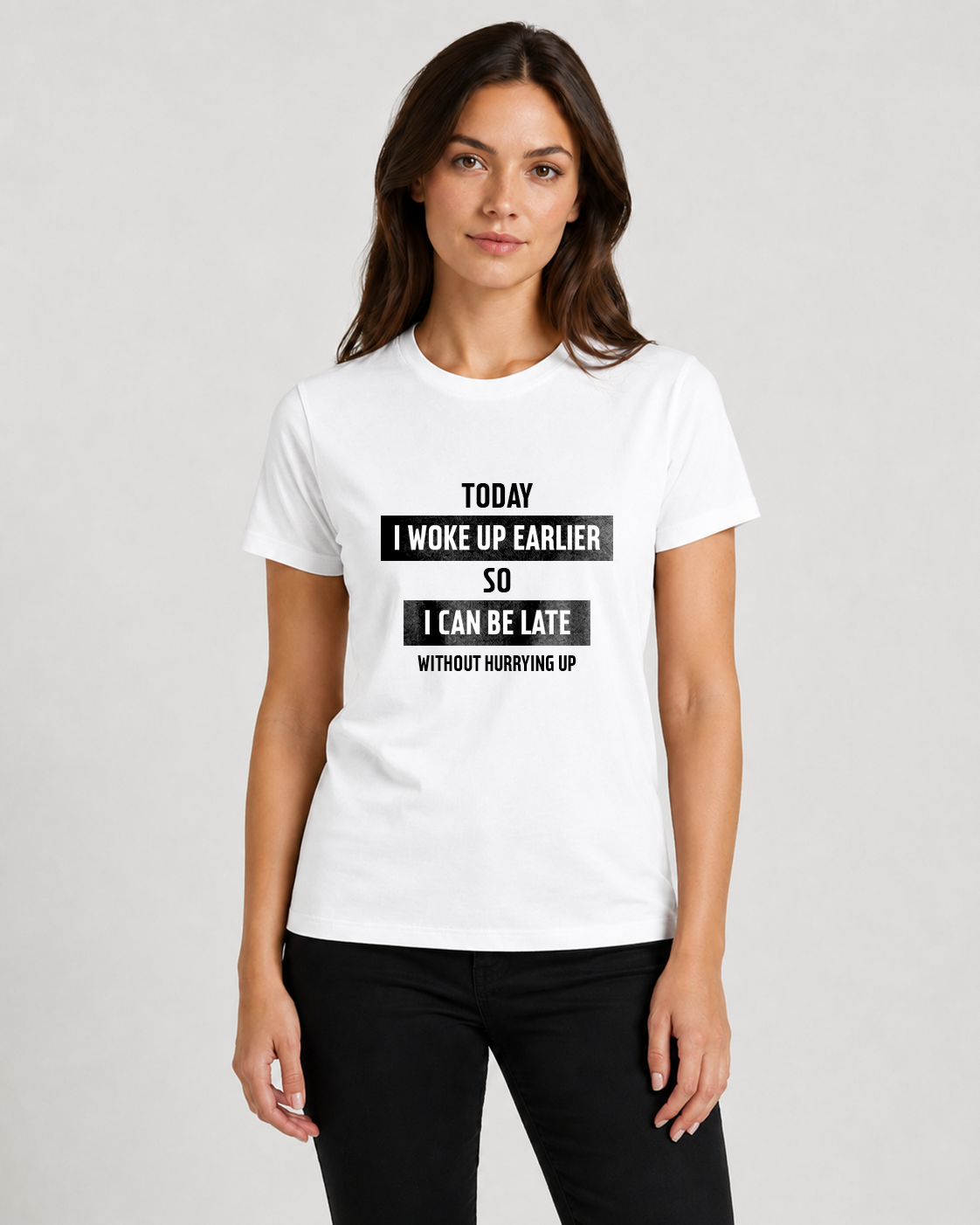 White women's t-shirt with quote "Today I woke up earlier so…" – Underperform, size XS