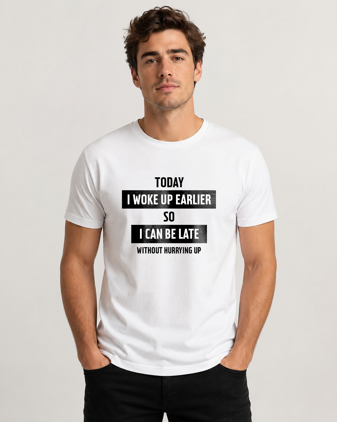 White men's t-shirt with quote "Today I woke up earlier so…" – Underperform, size XS