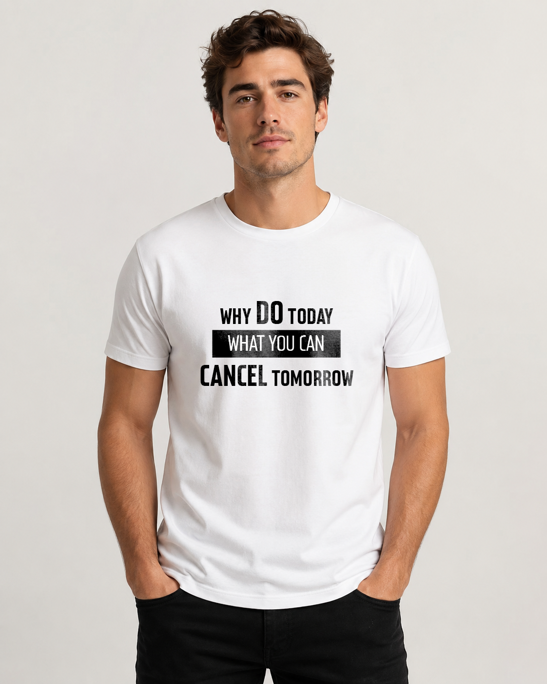 White men's t-shirt with quote "Why do today what you can…" – Underperform, size XS