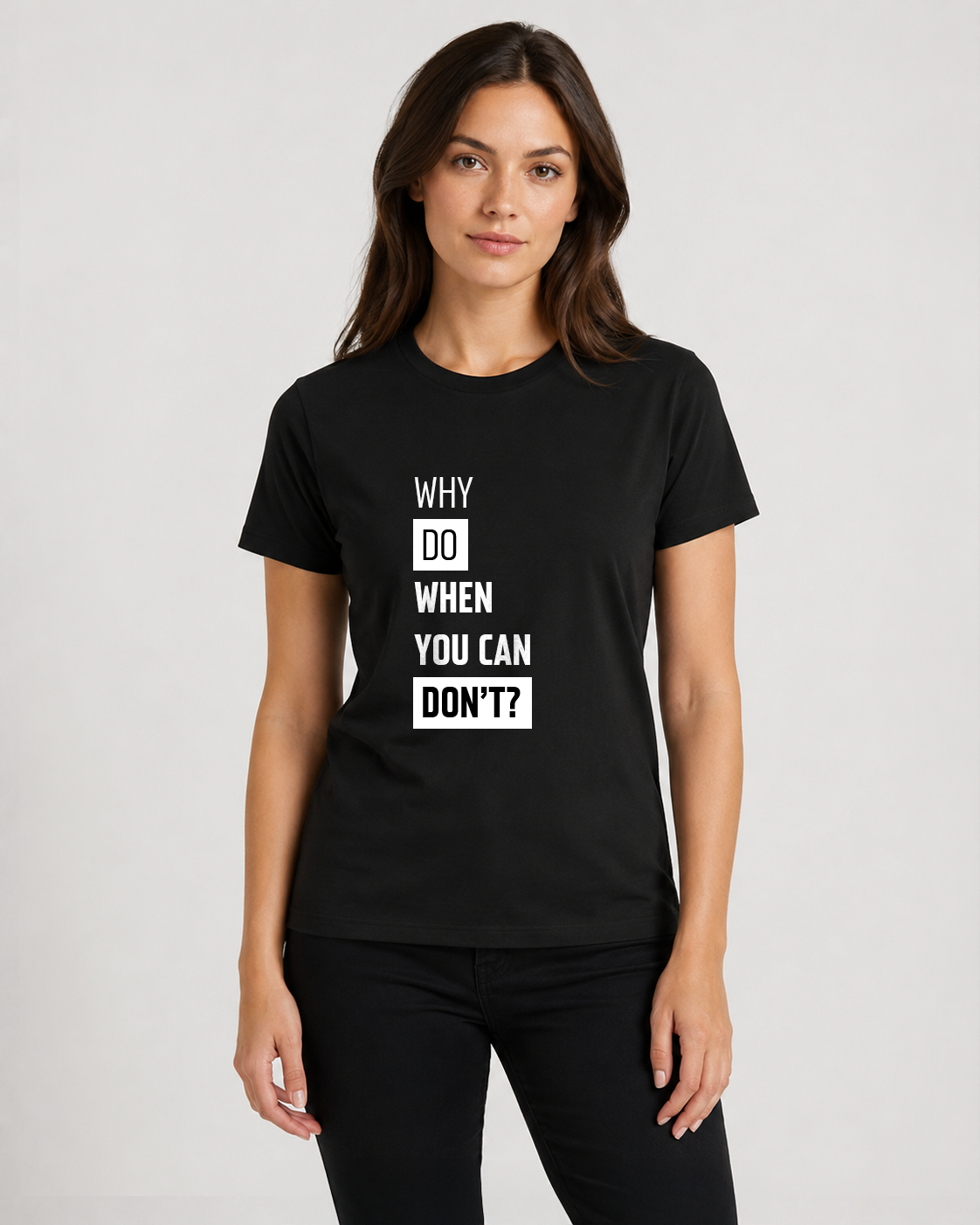 Black women's t-shirt with quote "Why Do When You Can Don't…" – Underperform, size XS