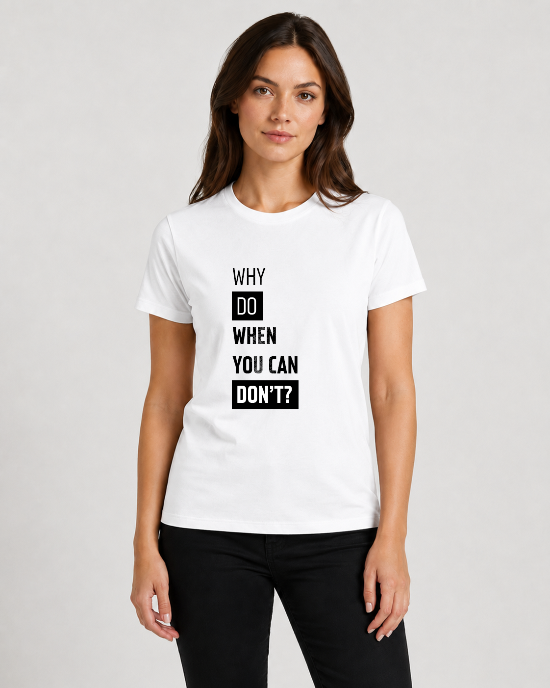 White women's t-shirt with quote "Why Do When You Can Don't…" – Underperform, size XS