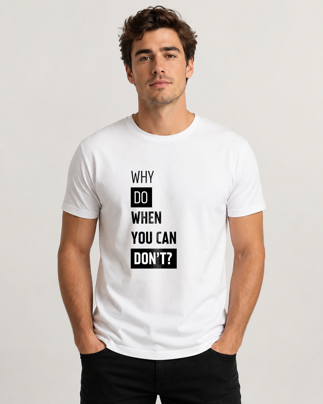 White men's t-shirt with quote "Why Do When You Can Don't…" – Underperform, size XS